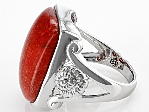 Pacific Style™ Red Sponge Coral Rhodium Over Brass Seashell Design Ring - Size 7
