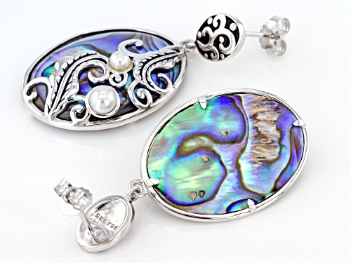 Pacific Style™ Abalone Shell & Cultured Freshwater Pearl Sterling Silver Feather Design Earrings