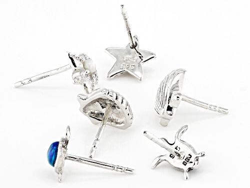 Pacific Style™ 4x3mm Lab Created Green Opal & Mother-of-Pearl Rhodium Over Silver Earring Set of 3