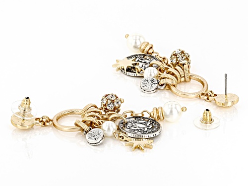 Paula Deen Jewelry™ Gold Tone Coin with Pearl Simulant and White Crystal Dangle Charm Earrings
