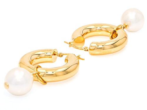 Genusis™ 10-12mm White Cultured Freshwater Pearl 18k Yellow Gold Over Bronze Hoop Earrings