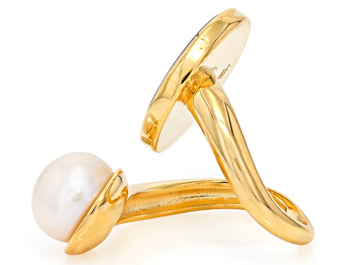 10mm Cultured Freshwater Pearl With Genuine 50 Lire Coin 18k Gold Over Bronze Ring - Size 11