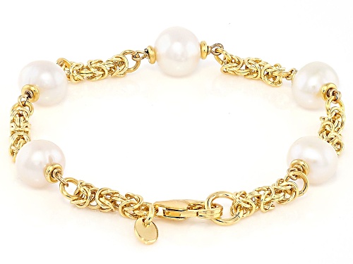 8mm White Cultured Freshwater Pearl 18k Yellow Gold Over Bronze Station Bracelet - Size 8