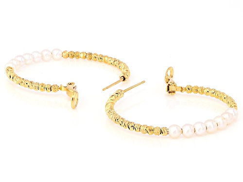 4mm White Cultured Freshwater Pearl 18k Yellow Gold Over Bronze Hoop Earrings