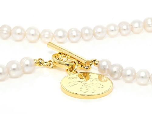 6mm Cultured Freshwater Pearl With Genuine 20 Lire Coin 18k Gold Over Bronze Necklace - Size 18