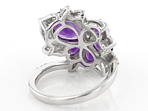 2.56ctw Pear Shape African Amethyst W/ .59ctw White Zircon Rhodium Over Silver Ring - Size 6