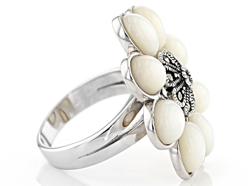8X6mm oval white mother-of-pearl with round marcasite rhodium over sterling silver ring - Size 5