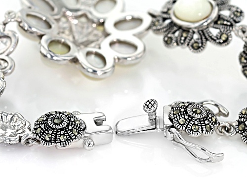 8X6mm oval white mother-of-pearl with round marcasite rhodium over sterling silver floral bracelet - Size 8