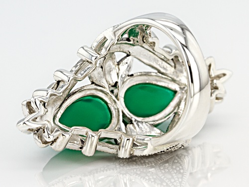 14x9mm pear shape green agate with round marcasite rhodium over sterling silver 2-stone ring - Size 5