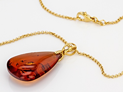 23x16mm Pear Shape Cabochon Polish Orange Amber 18k yellow gold over Silver Pendant With Chain