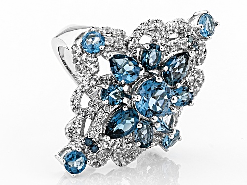 3.87ctw London Blue & 1.07ctw White Topaz with .03ctw 4 Blue Diamond Accent Rhodium Over Silver Ring - Size 6