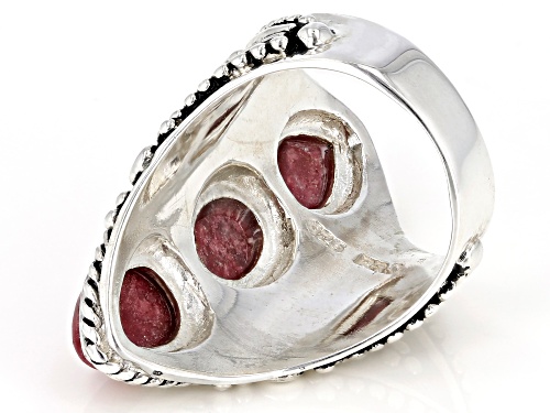 9x7mm Pear Shape & Oval Thulite Rhodium Over Sterling Silver 3-Stone Ring - Size 6