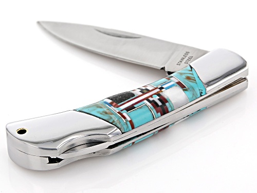 Pre-Owned Southwest Style By JTV™ Turquoise Simulant And Mixed Gem Simulant Stainless Steel Pocket K