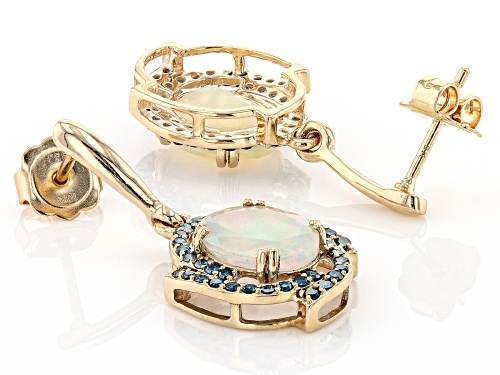 Pre-Owned 2.84ctw Oval Ethiopian Opal With 0.61ctw Round Blue Diamond 10K Yellow Gold Earring