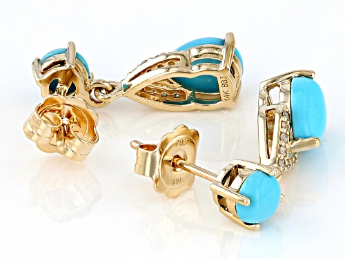 Pre-Owned 5mm, 8x6mm Sleeping Beauty Turquoise And 0.07ctw White Diamond 14k Yellow Gold Dangle Earr
