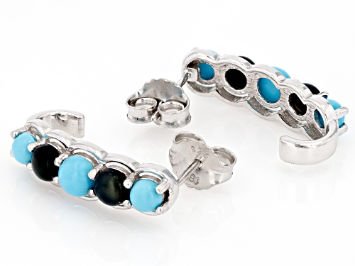 Pre-Owned Round Cabochon Turquoise With 1.36ctw Black Ethiopian Opal Rhodium Over Silver J-Hoop Earr