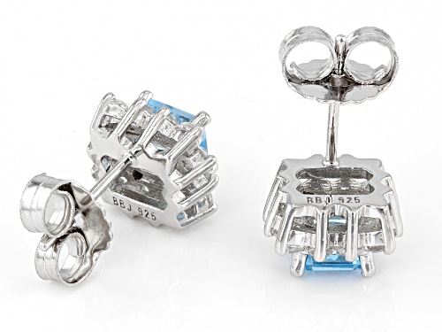 Pre-Owned 1.26ctw Square Swiss Blue Topaz With 0.94ctw White Topaz Rhodium Over Silver Stud Earrings