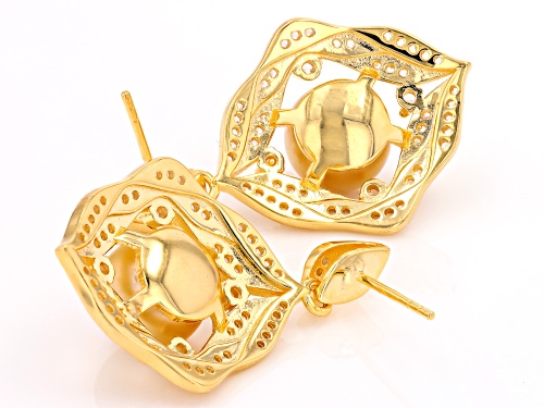 Pre-Owned 9-10mm Golden Cultured South Sea Pearl and White Zircon 18k Yellow Gold Over Silver Earrin