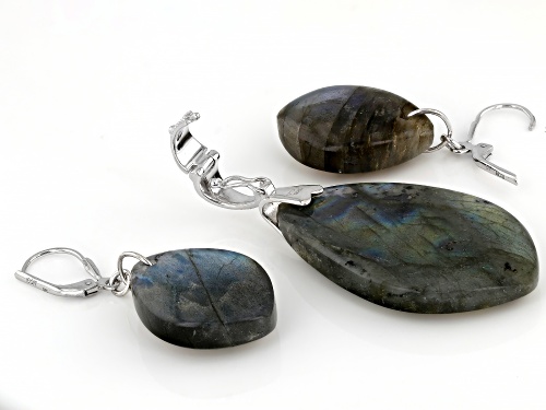 Pre-Owned Labradorite Rhodium Over Sterling Silver Pendant Enhancer and Earrings Set