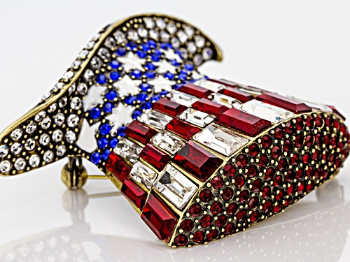 Pre-Owned Off Park® Collecion Multi-Color Crystal White Enamel Antiqued Gold Tone Patriotic Hat Broo