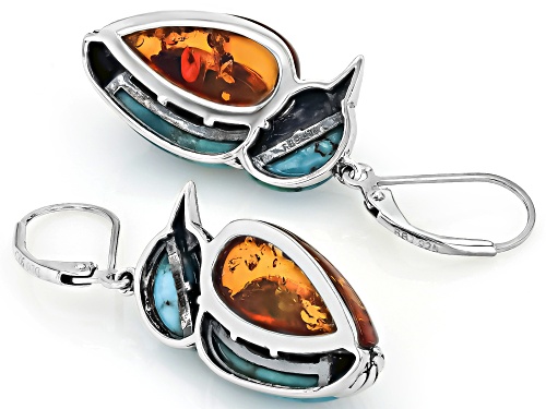 Pre-Owned Mixed Fancy Shape Turquoise with Amber Sterling Silver Bird Dangle Earrings