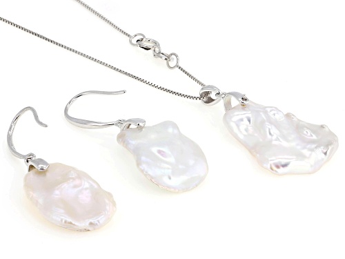 Pre-Owned 13-15mm White Cultured Keshi Freshwater Pearl Sterling Silver Pendant and Earring Set