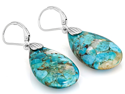 Pre-Owned Southwest Style by JTV™ 25x15mm Blended Turquoise & Mother-of-Pearl Rhodium Over Silver Ea