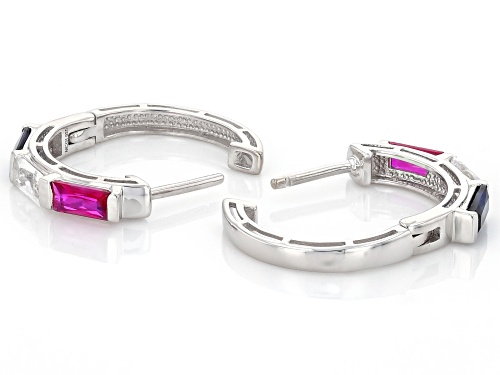 Pre-Owned 1.57ctw Lab Blue & Lab White Sapphire With 0.68ctw Lab Ruby Rhodium Over Silver Hoop Earri