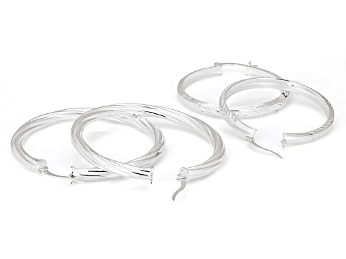 Pre-Owned Sterling Silver Over Brass 4mm Polished And Textured Set Of 2 Hoops