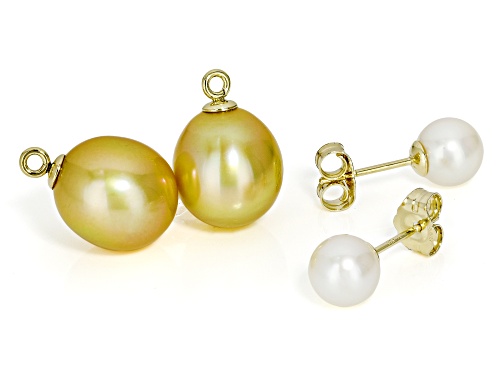 Pre-Owned 6-10mm Golden Cultured South Sea & Cultured Japanese Akoya Pearl 14k Yellow Gold Earrings