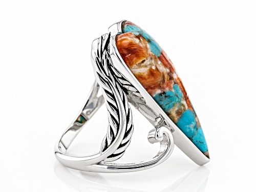 Pre-Owned Southwest Style By JTV™ Heart Shaped Turquoise and Spiny Oyster Shell Rhodium Over Silver - Size 11