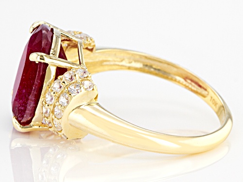 Pre-Owned 6.30ct Oval Mahaleo® Ruby Solitaire With .69ctw Round White Zircon 10k Yellow Gold Ring - Size 6