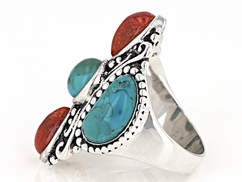 Pre-Owned Southwest Style By JTV™ Turquoise and Coral Rhodium Over Sterling Silver 5-Stone Ring - Size 8