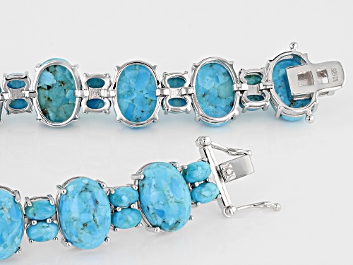 Pre-Owned 14x10mm & 6x4mm Oval Cabochon Turquoise Rhodium Over Sterling Silver Bracelet - Size 8