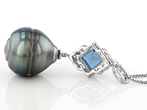 Pre-Owned 14mm Cultured Tahitian Pearl & Blue and White Topaz Rhodium Over Silver Pendant With Chain