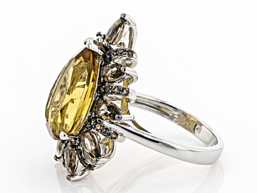 Pre-Owned 4.75ct Pear Shaped Citrine With 1.75ctw Smoky Quartz Rhodium Over Sterling Silver Ring - Size 10