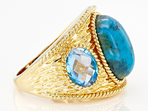 Pre-Owned 14x10mm Oval Turquoise With 2.32ctw Oval Swiss Blue Topaz 18K Gold Over Sterling Silver - Size 7