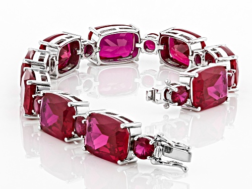 Pre-Owned 65.58ctw Rectangular Cushion & Round Lab Created Ruby Rhodium Over Silver Bracelet - Size 7