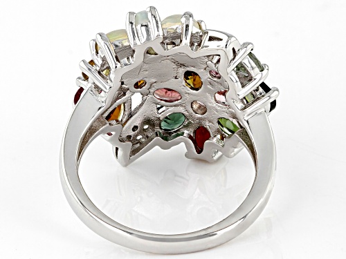 Pre-Owned 2.00ctw Multi Color Tourmaline With White Opal and White Zircon Rhodium Over Silver Ring - Size 7