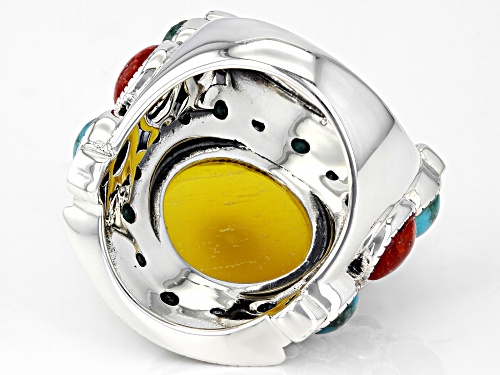 Pre-Owned Global Destinations™ Yellow Onyx, Red Sponge Coral and Turquoise Sterling Silver Ring - Size 11