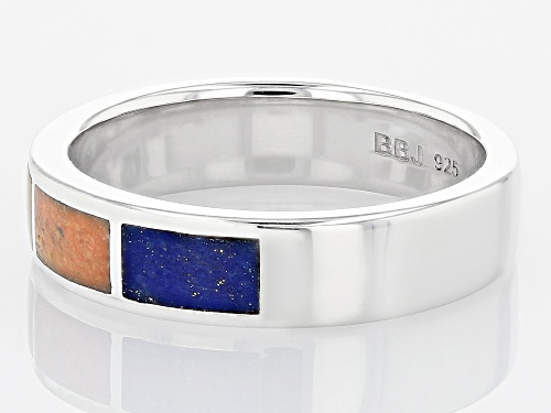 Pre-Owned 4x3mm Lapis Lazuli With Red Coral And White Mother-Of-Pearl Rhodium Over Silver Band Ring - Size 7