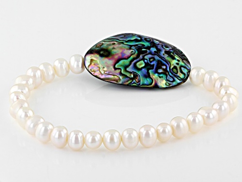 Pre-Owned 7mm White Cultured Freshwater Pearl & Abalone Shell Stretch Bracelet
