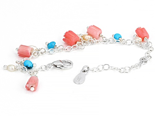 Pre-Owned  Turquoise, Coral & Cultured Freshwater pearl Silver Bracelet - Size 4