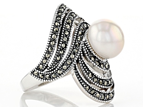 Pre-Owned 10mm White Cultured Freshwater Pearl & Marcasite 0.5ctw Rhodium Over Sterling Silver Ring - Size 7
