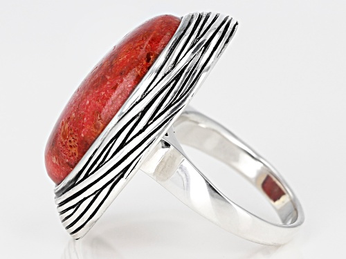 Pre-Owned Southwest Style By JTV™ 23.5x18.5mm Custom Shape Red Sponge Coral Rhodium Over Silver Ring - Size 7