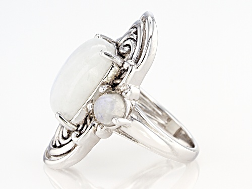 Pre-Owned Rectangular Cushion and Round Rainbow Moonstone Rhodium Over Sterling Silver 3-Stone Ring - Size 7