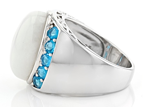 Pre-Owned 16x12mm Oval Cabochon Rainbow Moonstone and 1.02ctw Neon Apatite Rhodium Over Silver Ring - Size 6