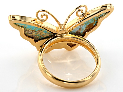 Pre-Owned Tehya Oyama Turquoise™ Green Kingman Turquoise Inlay 18K Yellow Gold Over Silver Butterfly - Size 7