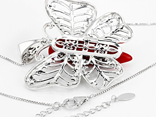 Pre-Owned Pacific Style™ 30x8.5mm Free-Form Red Coral Rhodium Over Silver Butterfly Pendant With Cha