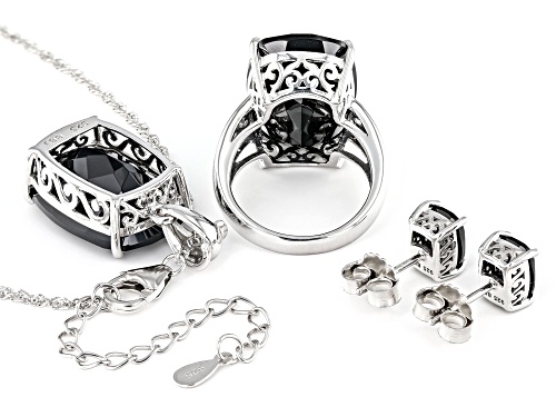Pre-Owned 44.39ctw Rectangular Cushion Black Spinel Sterling Silver Ring, Pendant With Chain And Ear